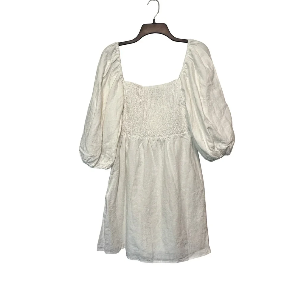 Tuckernuck Off White 100% Linen Smocked Puff Sleeve Mini Dress XL R20650T Womens - Picture 2 of 6